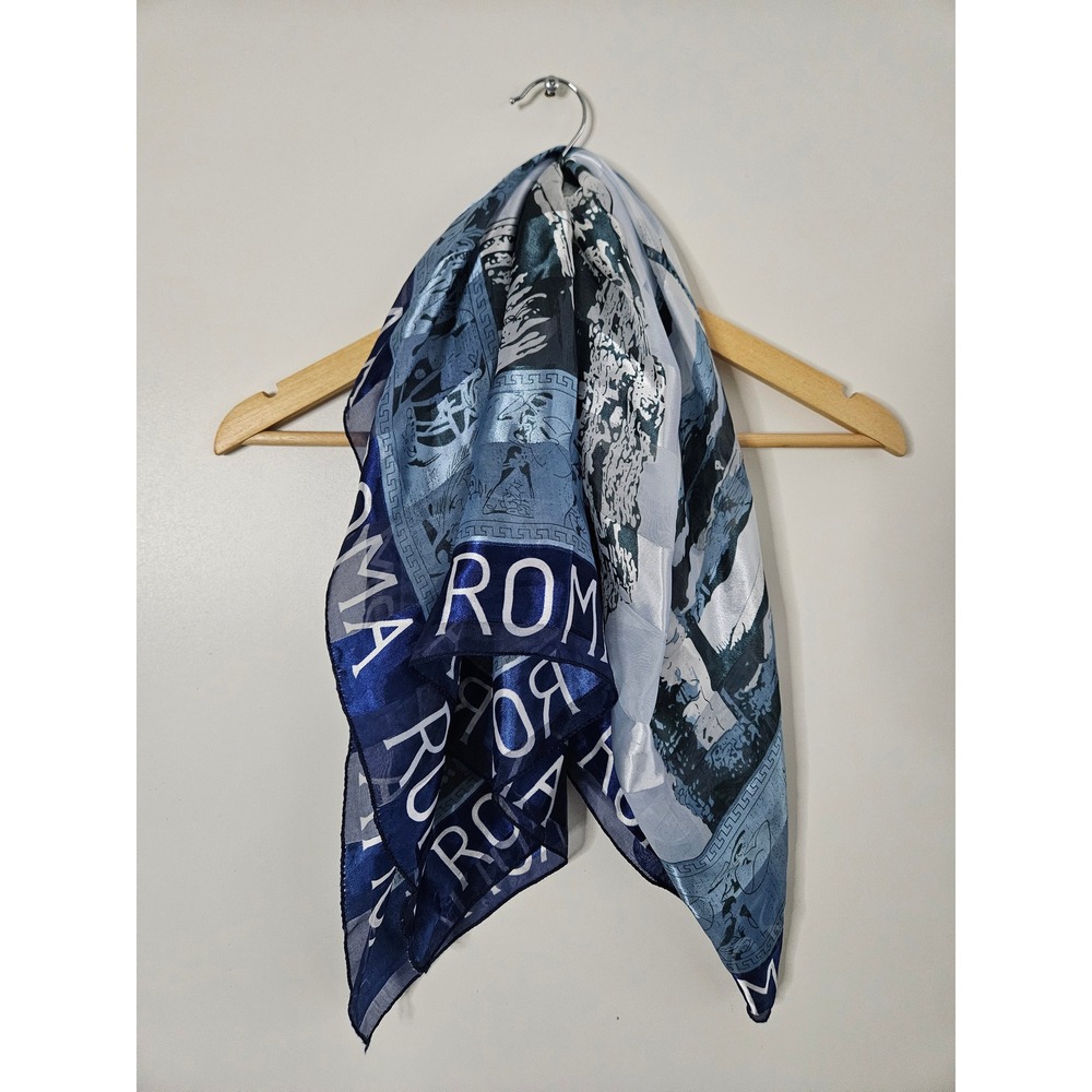Vintage Style Blue ROMA Scarf Greek Key‎ Border Lightweight Silky Square Wrap